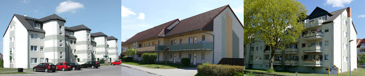 Objekte der PWG Vier Bilder von Mehrfamilienhäusern in der Region Elbe-Parey, Genthin, Jerichow und Möckern